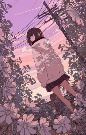 動漫女孩穿著花卉連帽衫，在暮色中站在紫色波斯菊田裡。 — 靚靚動畫 壁紙