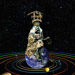 一個穿著傳統非洲服飾的人坐在地球上，周圍有色彩繽紛的軌道和星星。 — iPad Pro 11 壁紙