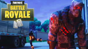 穿著迷彩裝備嘅Fortnite Battle Royale角色，夜晚喺貨車附近帶有發光橙色點綴。 — 要塞英雄 大逃殺 壁紙