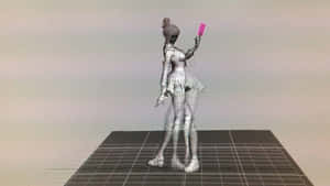 線框3D女性角色在網格地板上拿著粉紅色電話。 — 動畫 壁紙
