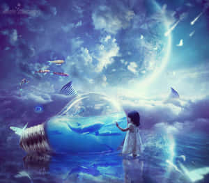孩子觸摸一個內部有海豚的巨大燈泡，漂浮在魔法般的天空中。 — 夢境 GIF 壁紙