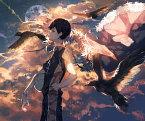 動漫男孩在夕陽和月亮下被飛翔的鳥兒圍繞，手持排球。 — 排球少年 GIF 壁紙