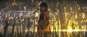 一個穿著黃色外套的女孩站在森林中，金色陽光穿過樹木。 — 雨天 壁紙