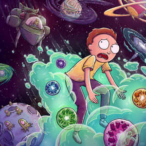 卡通男孩在太空中，周圍環繞著色彩繽紛的外星行星和太空船。 — 死亡空間 壁紙