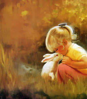 一個穿著黃色襯衫的小女孩在高草叢中親吻一隻白兔。 — Motorola Razr Ultra 2026 壁紙