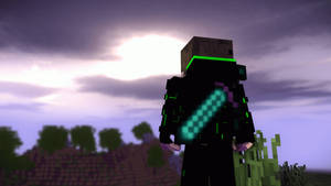 Minecraft角色在黃昏天空下手持鑽石劍 — 遊戲 壁紙