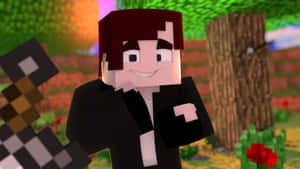 Minecraft角色黑色西裝喺森林揸像素劍 — 我的世界 壁紙