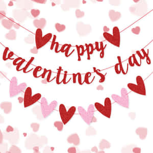 紅色閃亮橫幅，寫著 happy valentine's day，帶有心形，背景是粉紅色心形紙屑。 — 1:1 壁紙