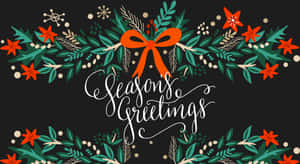 節日花環，點綴著綠色植物、紅色星星和橙色蝴蝶結，並帶有「Season's Greetings」文字。 — 螢幕保護 壁紙