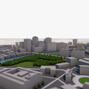 一個包含建築物、樹木和河流的城市3D建築模型。 — 城市景觀 壁紙