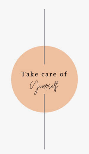 一個蜜桃色圓形，在灰色背景上帶有「take care of yourself」訊息。