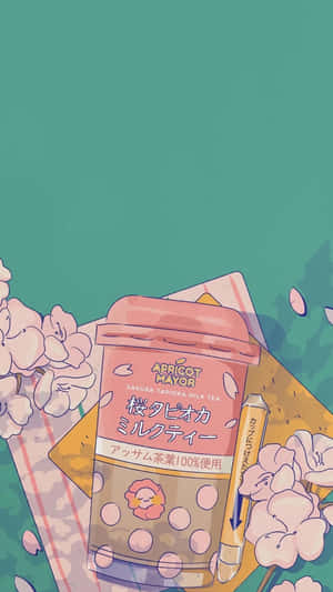粉紅色珍珠奶茶杯，周圍環繞著櫻花。 — 黑川伊佐那 壁紙