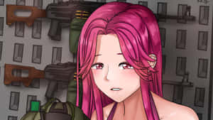 粉紅色頭髮、紅色眼睛的動漫女孩站在步槍牆前。 — 喪屍 GIF 壁紙