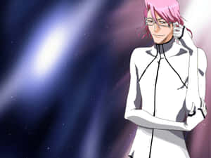 粉紅色頭髮和眼鏡的動漫角色，穿著白色制服，在星光宇宙背景前。