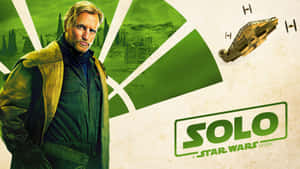 《Solo a Star Wars story》電影海報，特色是一個穿著飛行夾克的男人，背景有星際戰鬥機。