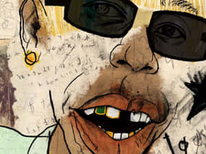 人物戴著深色眼鏡並露出彩色牙齒的特寫插圖。 — Tyler the creator GIF 壁紙