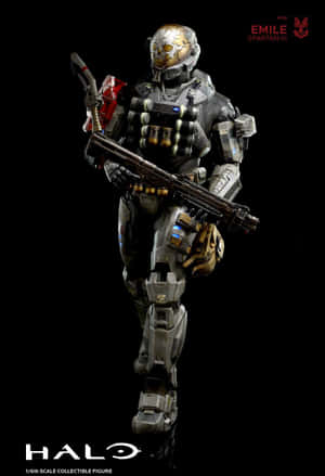Halo Spartan III收藏人偶，全副盔甲，在黑色背景前手持武器。 — Huawei Pura X Max 壁紙