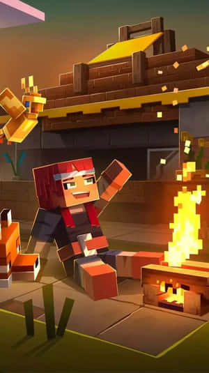 紅髮像素角色坐喺Minecraft村莊營火旁邊。