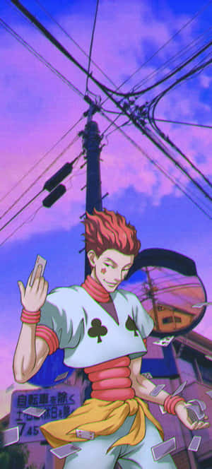 紅發動漫小丑角色在紫色天空下拿著牌，背景有電線。 — Hisoka GIF 壁紙