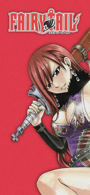 來自Fairy Tail的動漫角色Erza Scarlet在紅色背景下持劍。 — Galaxy M07 壁紙