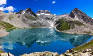 高山湖泊在清澈的藍天下映照著積雪的山脈。