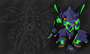 紫色和綠色的 Evangelion 機體手持一把刀，背景有一個多眼的天使。 — 新世紀福音戰士 GIF 壁紙