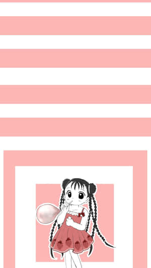 紮辮的動漫女孩在粉紅條紋框內吹泡泡糖。 — 秋天 壁紙