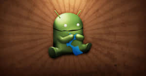 綠色Android吉祥物在帶紋理的棕色背景上手持藍色拼圖塊。 — 可愛動漫頭像gif 壁紙