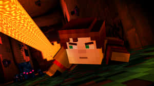 Minecraft角色喺黑暗洞穴中同蜘蛛一齊拎住發光嘅劍 — 型格 Minecraft 壁紙