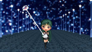 綠色頭髮的動漫女孩在星空下的橋上拿著發光的鑰匙。 — 美少女戰士 壁紙