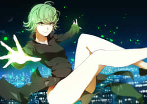 綠色頭髮的動漫角色在夜晚漂浮在發光的城市上空。 — 對馬戰鬼 GIF 壁紙