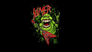綠色鬼魂彈奏紅色電結他，搭配潑濺藝術和「SLIMER」文字。 — 幽靈 壁紙