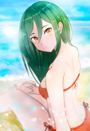 綠髮動漫女孩穿著紅色比基尼坐在沙灘上，身後有閃閃發光的水面和藍天。 — Oppo Pad 5 壁紙