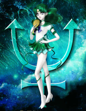 穿著綠色水手服的動漫女孩，手持鏡子，背景是宇宙星空和箭頭符號。 — 美少女戰士 壁紙
