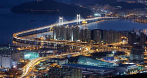 夜晚海灣上的一座發光吊橋，伴隨著燈火通明的城市建築和高速公路。 — 天際線 壁紙