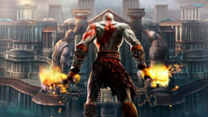 God of War 戰士手持烈焰鎖鏈面對古代遺跡。 — 魔獸世界 壁紙