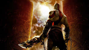 God of War 戰士在陽光照射的柱子前握著帶鎖鏈的斧頭 — 戰士 壁紙