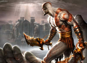 God of War 戰士手持火焰斧頭，站在巨手和古代廢墟前。 — 魔獸世界 壁紙