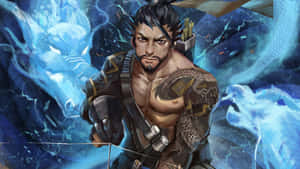 有紋身的動漫戰士用弓箭瞄準發光的藍色龍。 — 武士Champloo 壁紙