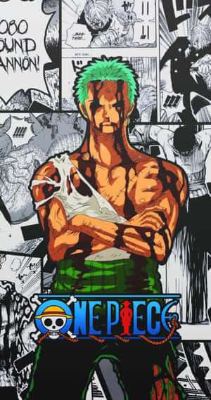 One Piece動漫角色，綠髮、襯衫破爛，站在漫畫面板中。 — Pixel Fold 壁紙