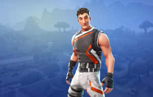 Fortnite角色穿著灰色和橙色裝備，站在霧氣瀰漫的藍色風景中。 — Fortnite 造型 壁紙