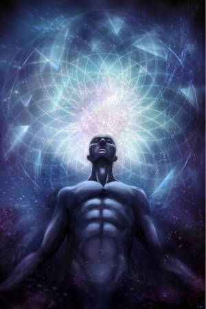 一個發光的人形人物站在一個輻射的宇宙能量球下方。 — 曼達洛人 壁紙