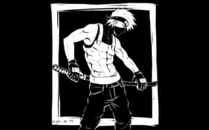 動漫戰士，尖刺頭髮和眼罩，在黑白插圖中手持武士刀。 — 火影忍者 壁紙
