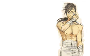 動漫男性戰士，臉部和手臂纏著繃帶，站在白色背景前。 — MacBook Air M1 壁紙