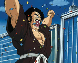 動漫角色在城市景觀中慶祝勝利，紙屑飄落。 — 惡魔 壁紙