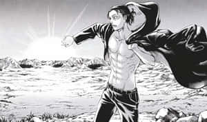 動漫男人穿著破爛連帽衫，在山區地形中伸手朝向太陽。 — 漫畫分鏡gif 壁紙