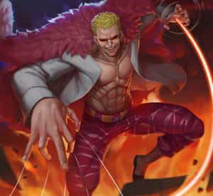 金髮戴紅色太陽眼鏡的動漫角色在戰鬥中釋放火焰能量。 — Dorohedoro 壁紙