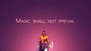 一個眼睛發光、手持雙刃的奇幻戰士，在紫色漸變背景下宣告'Magic shall not prevail'。 — 寵物小精靈 劍與盾 壁紙