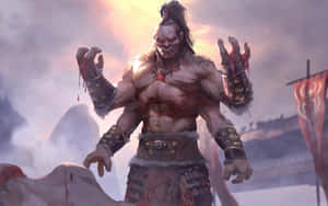 一個帶著血淋淋的爪子和部落盔甲的惡魔戰士，站在煙霧瀰漫的戰場上。 — MacBook Pro 13 壁紙