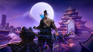 一個手持弓箭的戰士站在屋頂上，背景是滿月、城市和寶塔。 — 武士Champloo 壁紙